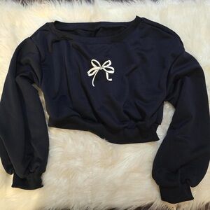 Navy Blue Bow Detail Asymmetrical Shoulder Women's Cropped Top size M